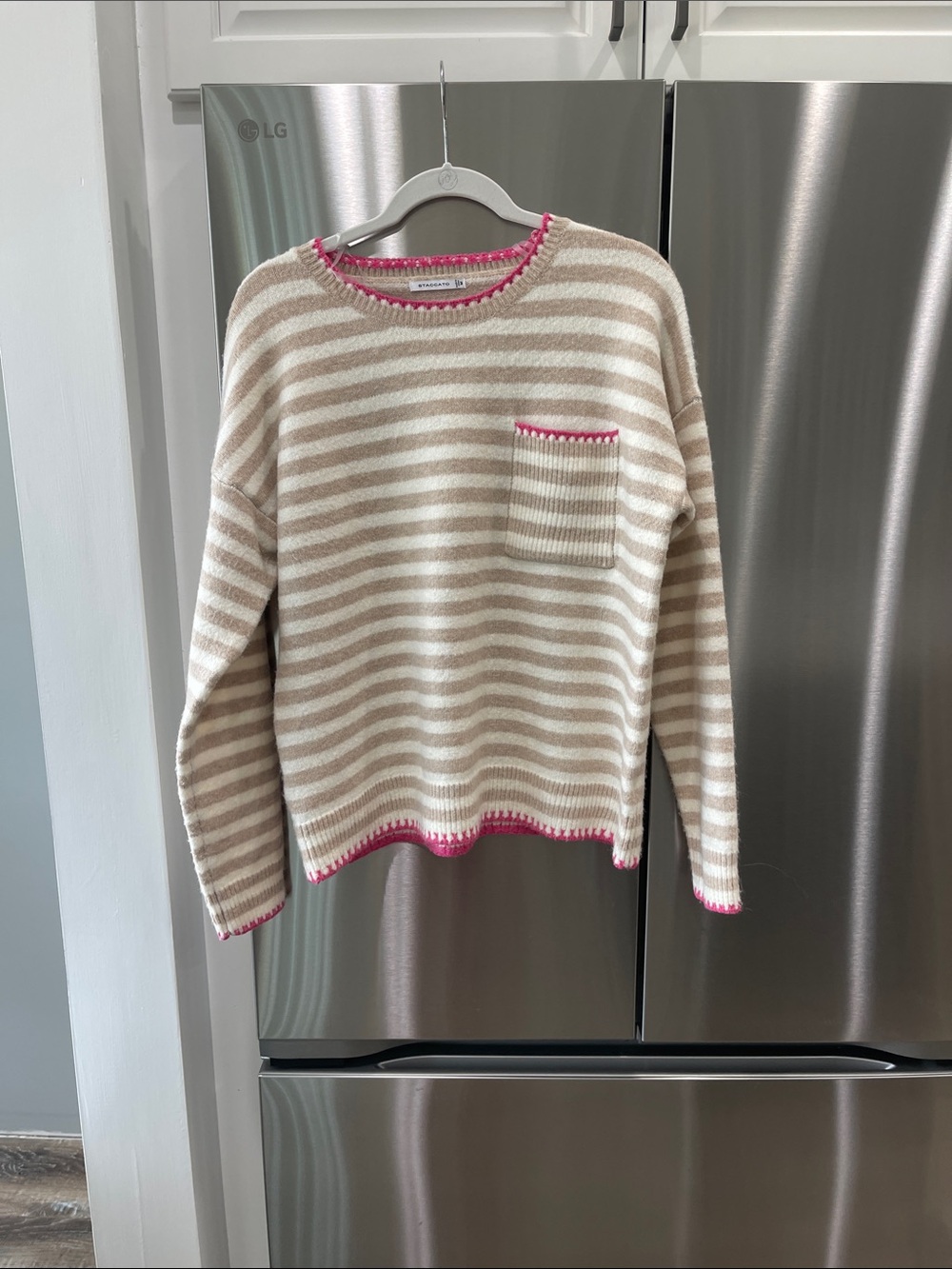 Staccato Beige and Cream Striped Crewneck Sweater with Pink Trim